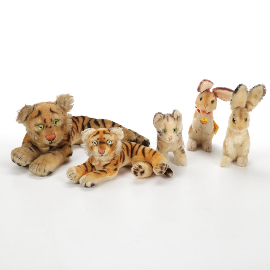 Steiff Stuffed Animals Featuring Two Bunnies, Two Tigers, and a Cat