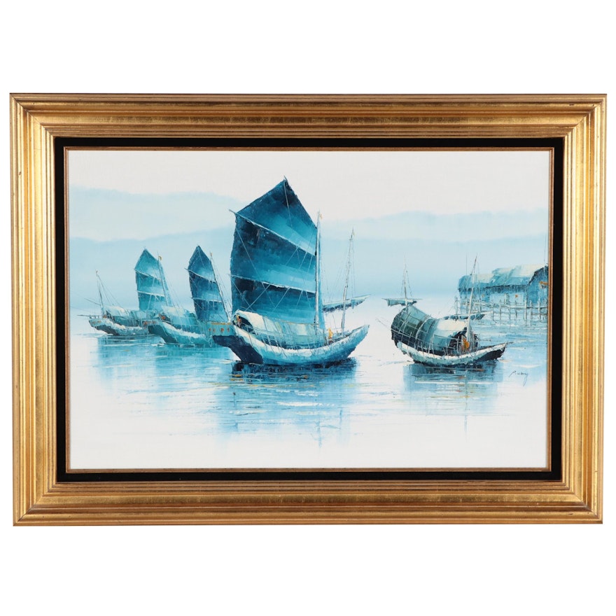 P. Wong East Asian Harbor Scene Acrylic Painting
