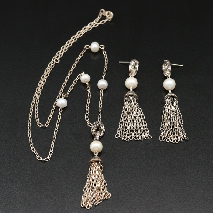 Lyric Sterling Pearl and Diamond Tassel Necklace and Earrings
