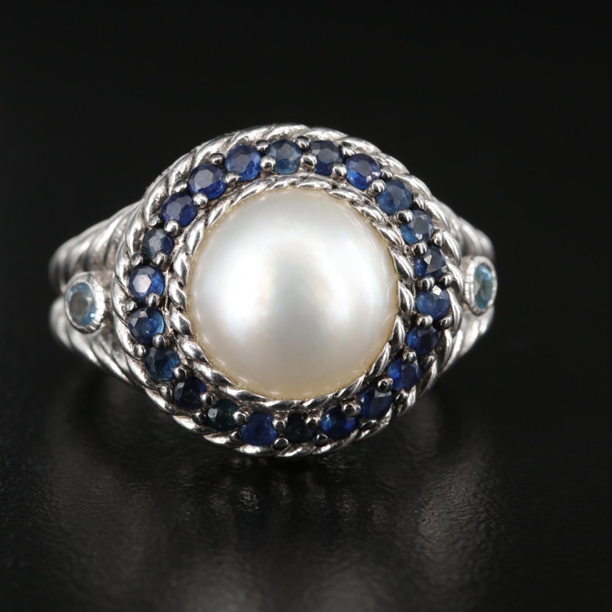 Judith Ripka Sterling Pearl, Sapphire and Sky Blue Topaz Ring