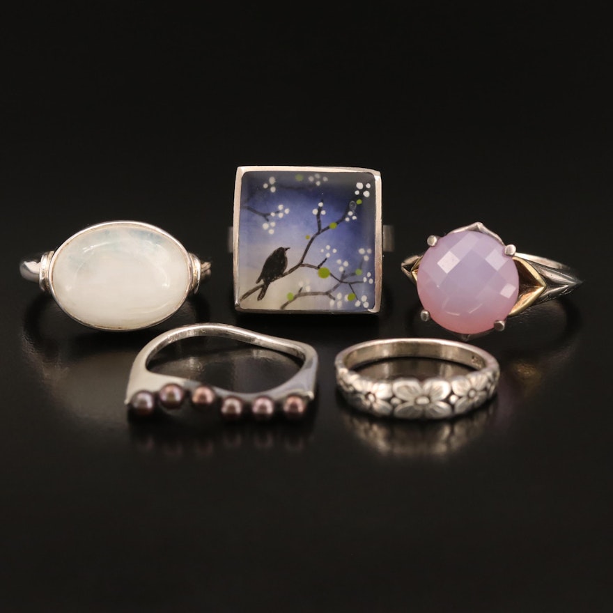 Sterling Rings Including Ann King, Rainbow Moonstone, Pearl and Chalcedony