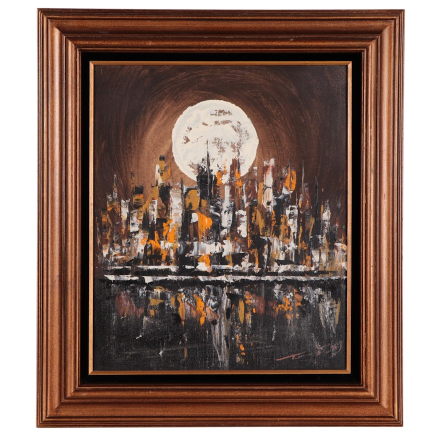 Nocturne Cityscape Acrylic Painting, Late 20th Century
