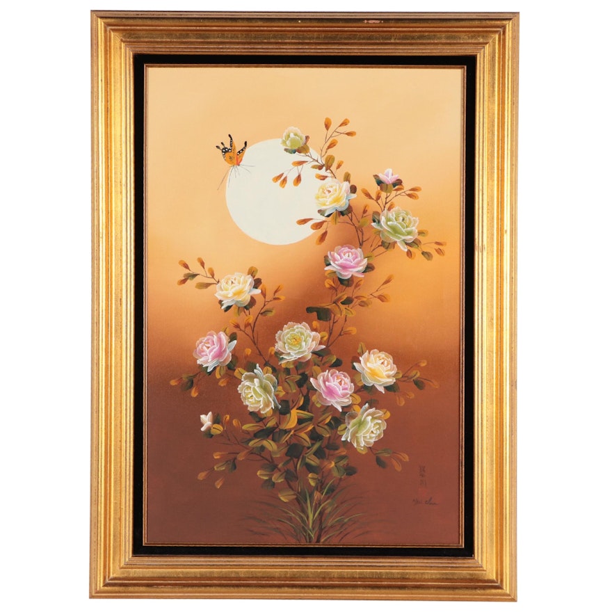 Chinese Inspired Floral Oil Painting