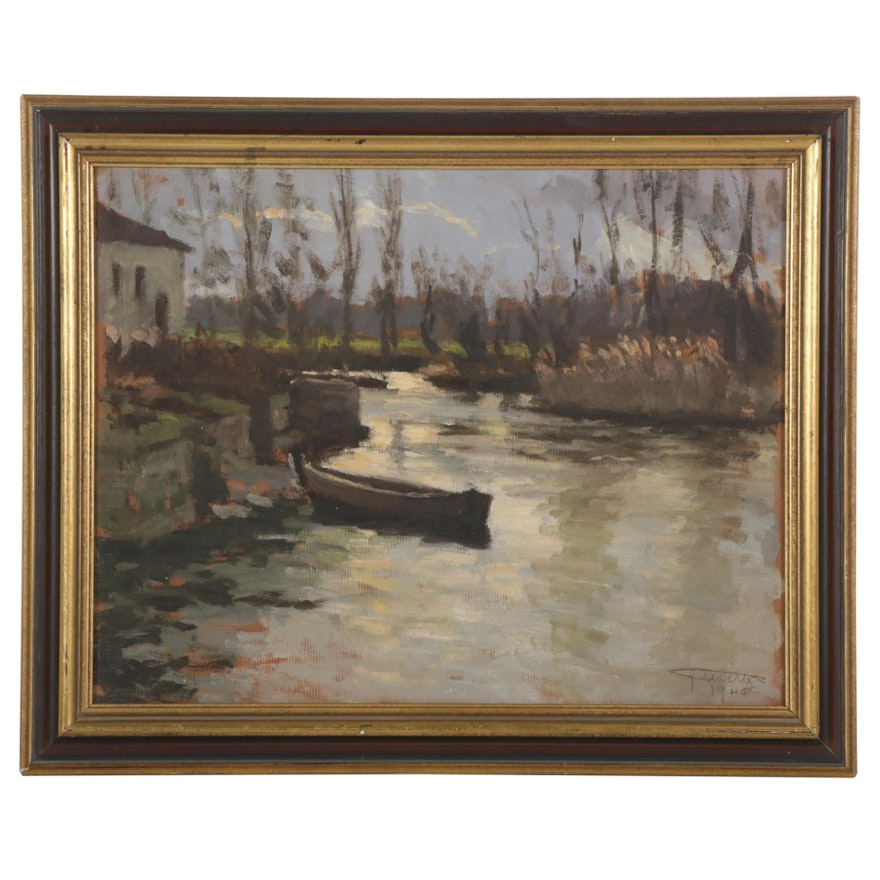 Landscape Oil Painting of Rowboat Moored on Lakeside, 1945