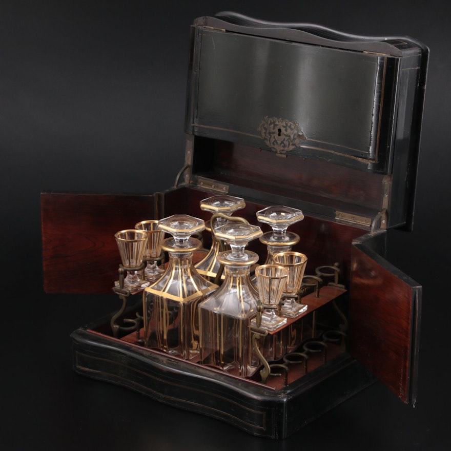 French Napoleon III Mahogany and Brass Inlay Cave à Liqueur, 19th C.