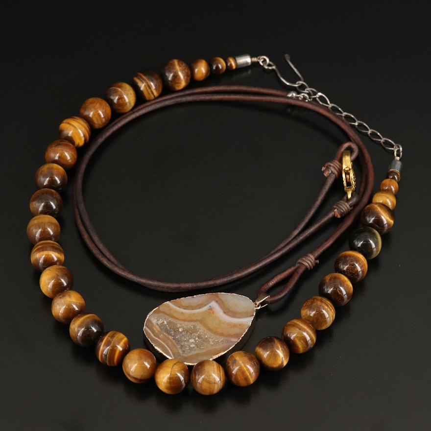 Desert Rose Trading Tiger's Eye Quartz Necklace with Agate on Leather Necklace