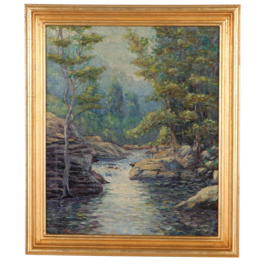 Landscape Oil Painting of Forest Trees along Running Water