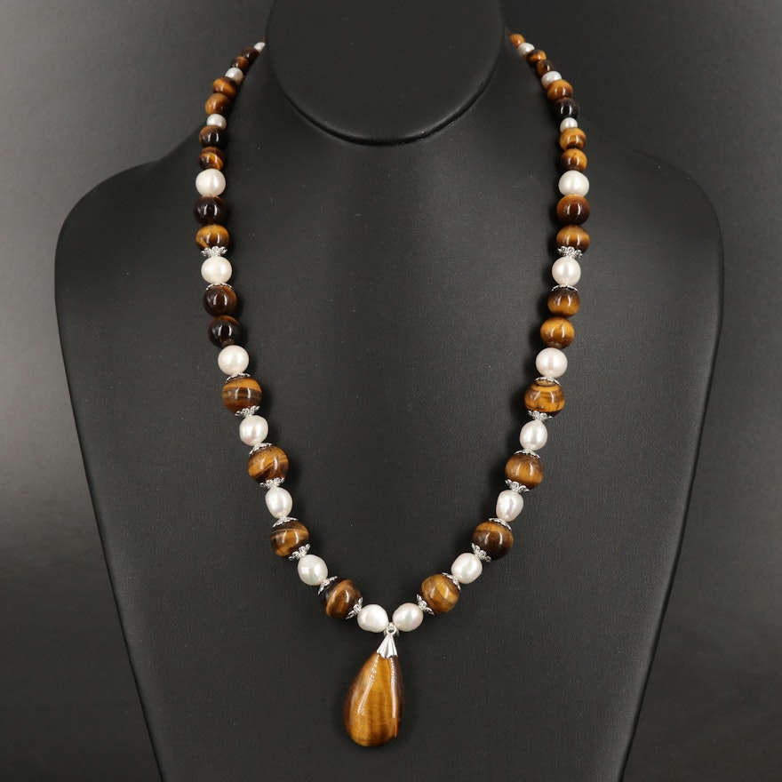 Sterling Tiger's Eye Quartz and Pearl Beaded Necklace