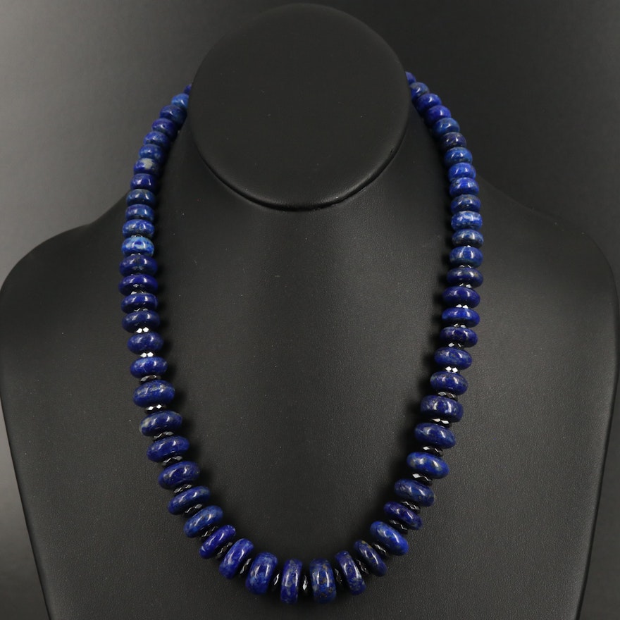 Graduated Lapis Lazuli and Hematite Bead Necklace with Sterling Clasp