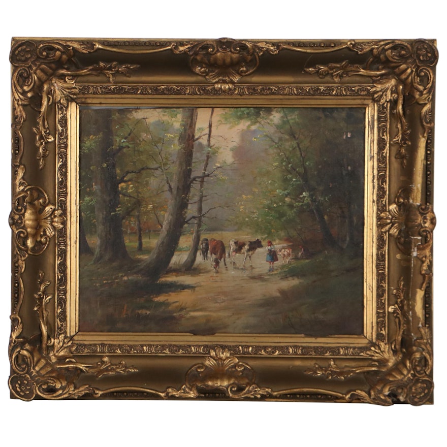 Gyula Nemeth Gutahazy Oil Painting of Cattle in Forest, Early 20th Century