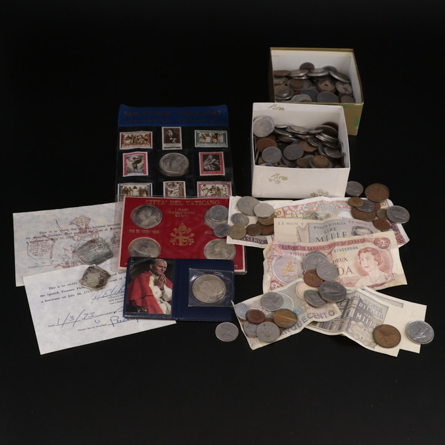 Group of Foreign Coins and Currency Including Silver