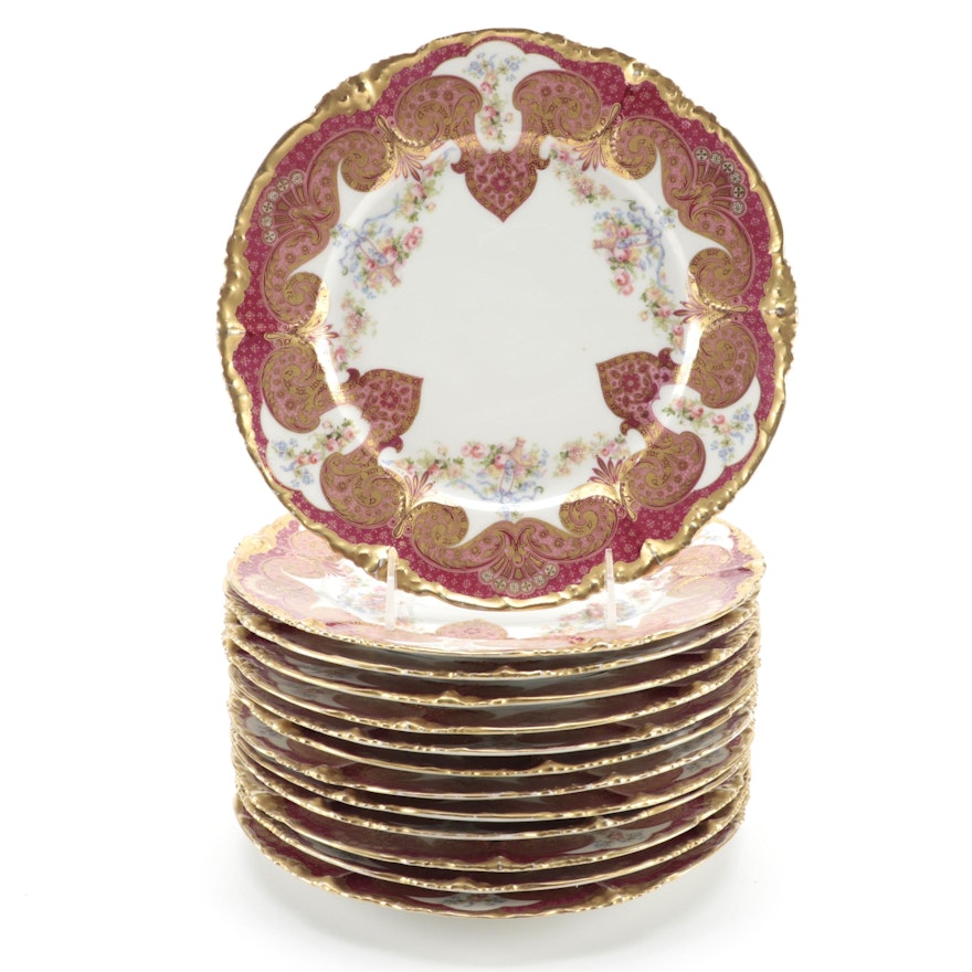 Jean Pouyat Limoges Gilt Trim Porcelain Plates, Early 20th Century