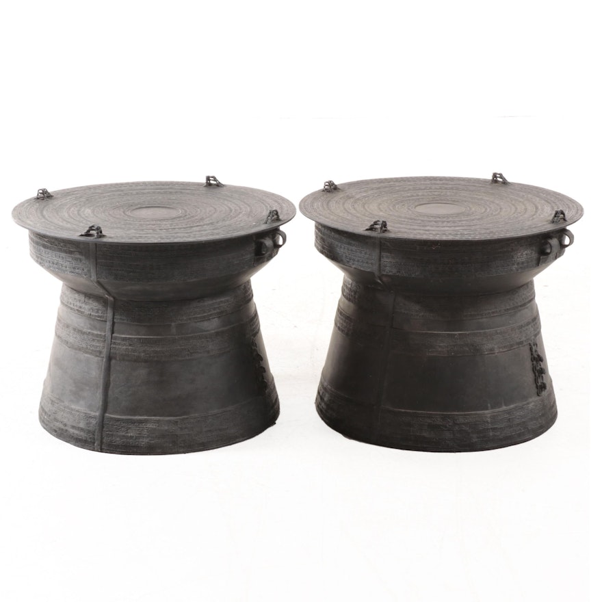 Pair of Southeast Asian Style Cast Metal Rain Drum End Tables