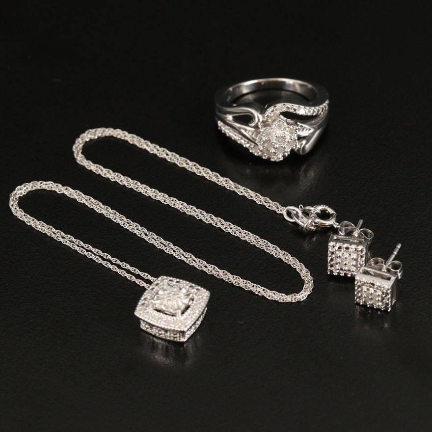 Sterling Silver Diamond Ring, Necklace, and Earrings