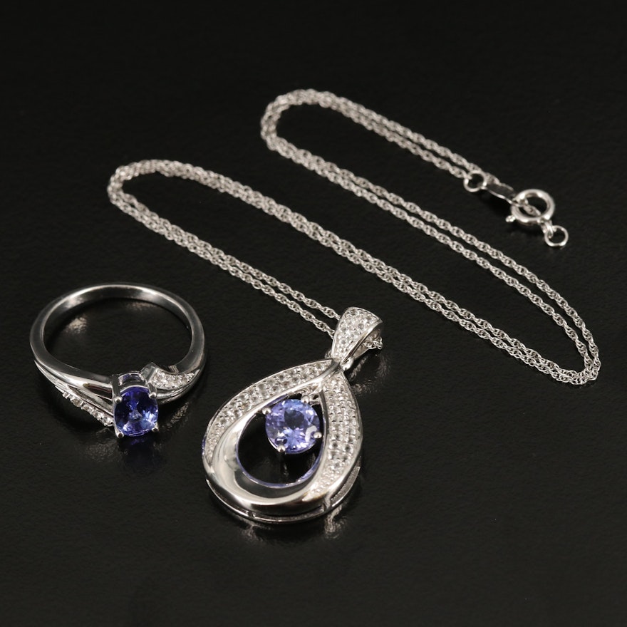 Sterling Silver Tanzanite and Topaz Necklace and Ring