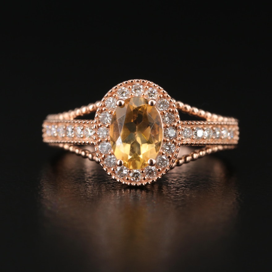 14K Rose Gold Citrine and Diamond Halo Ring