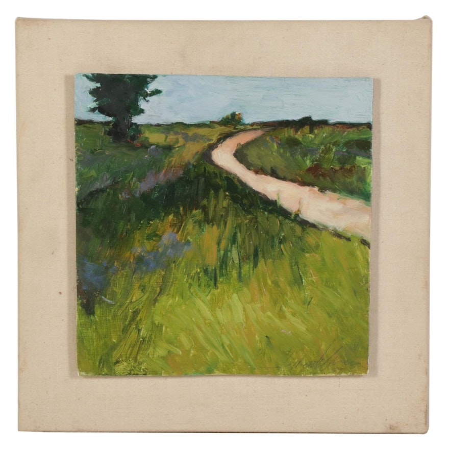 Bernard Wren Landscape Oil Painting of Country Road, 1984