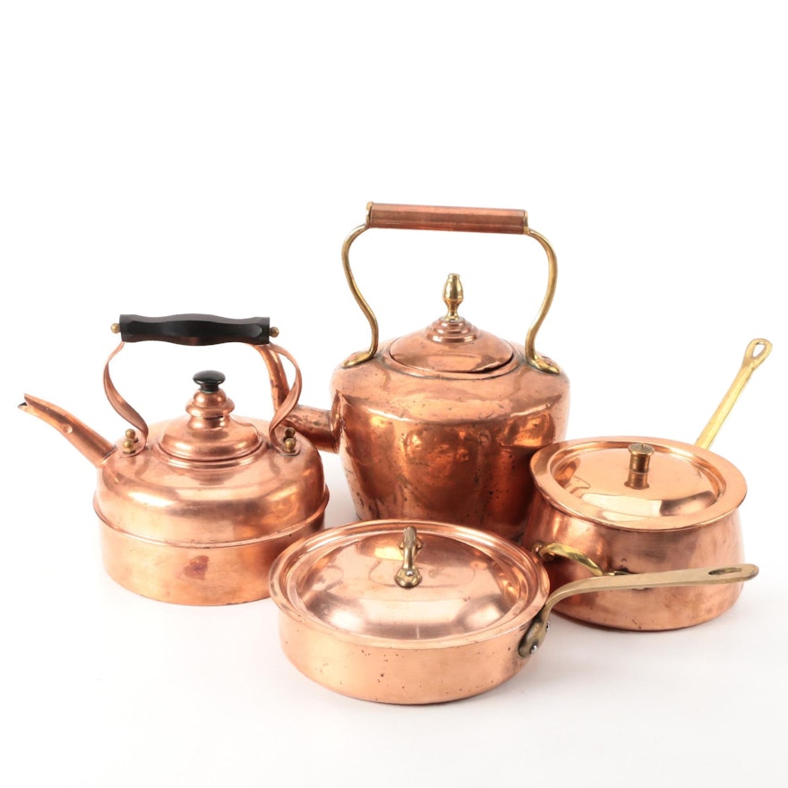 Handmade French Tea Kettle with English Kettle and Other Copper Saucepans