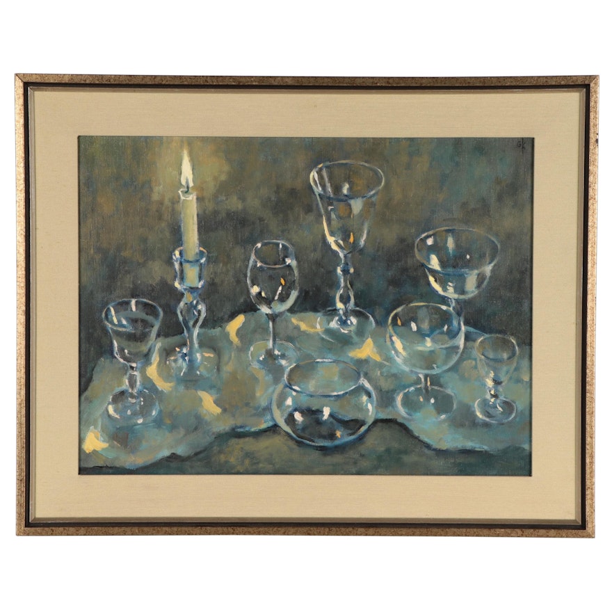 Still Life Oil Painting of Glassware, Late 20th Century