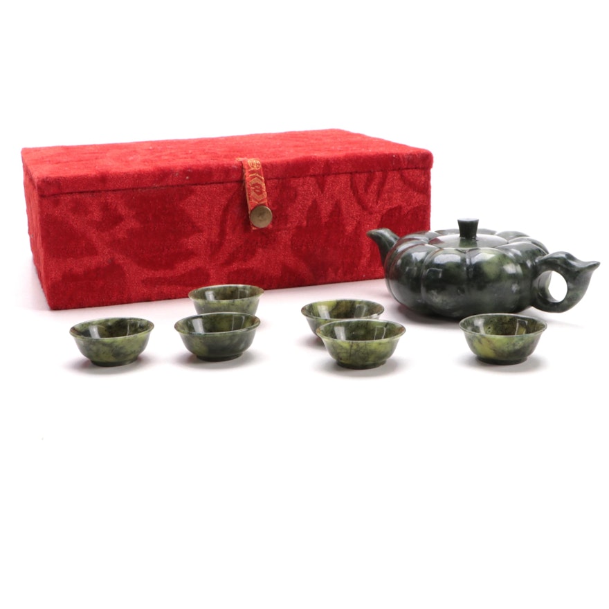 Chinese Carved Serpentine Tea Set with Lined Case