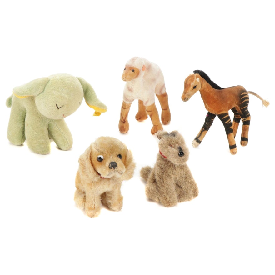 Five Steiff Stuffed Animals, Mid to Late 20th Century