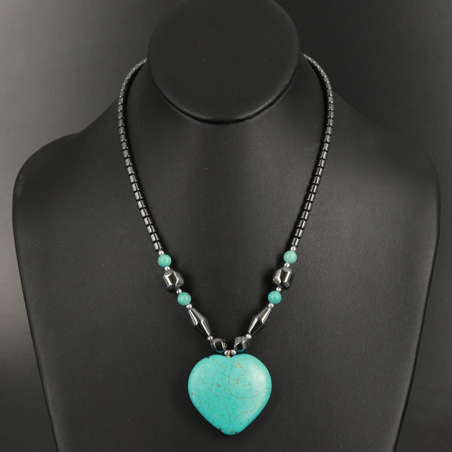 Howlite Heart Pendant on Beaded Turquoise and Hematite Necklace