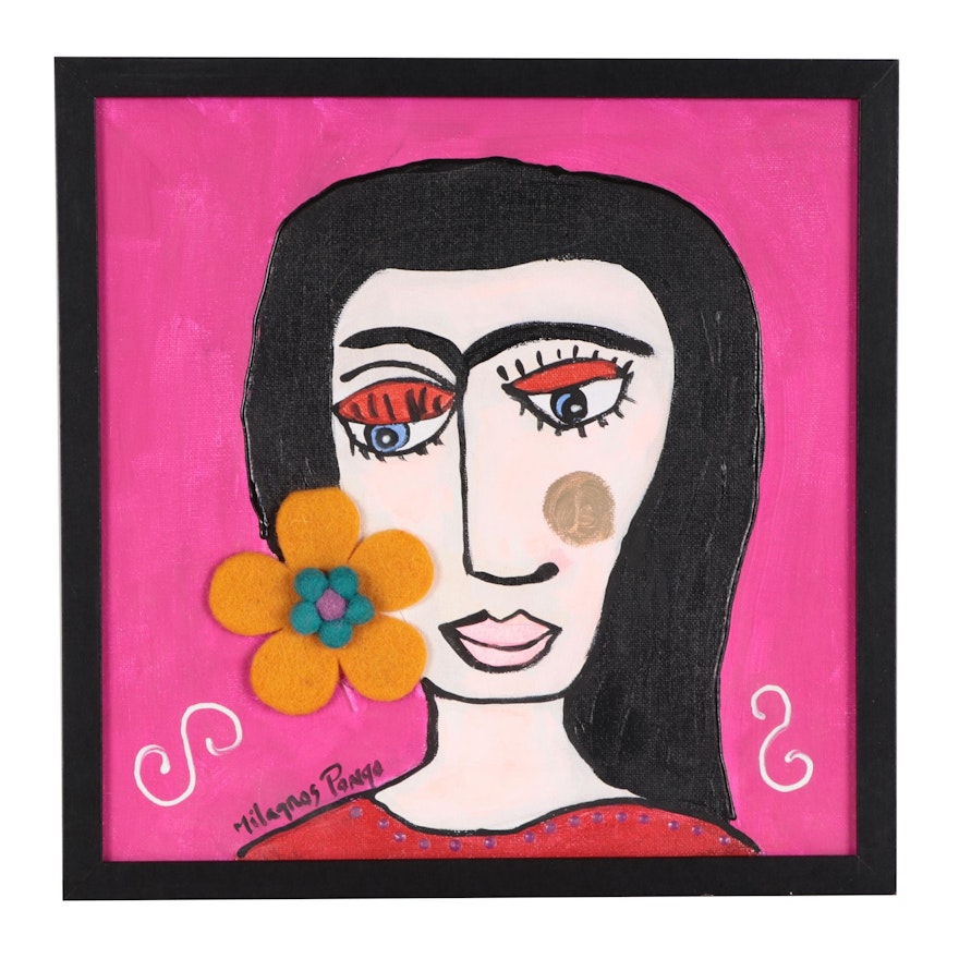Milagros Pongo Mixed Media Painting "Frida Spirit," 21st Century