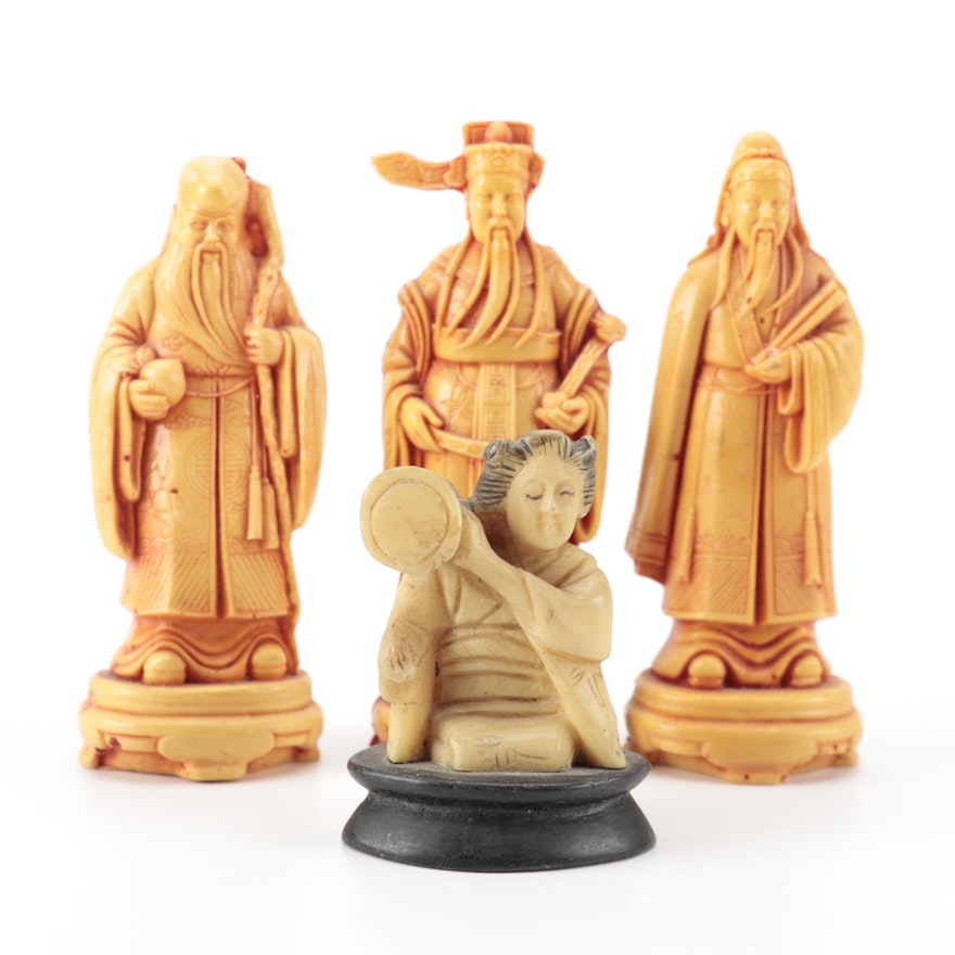 Chinese Fu, Lu, Shou and Japanese Woman with Drum Resin Figurines