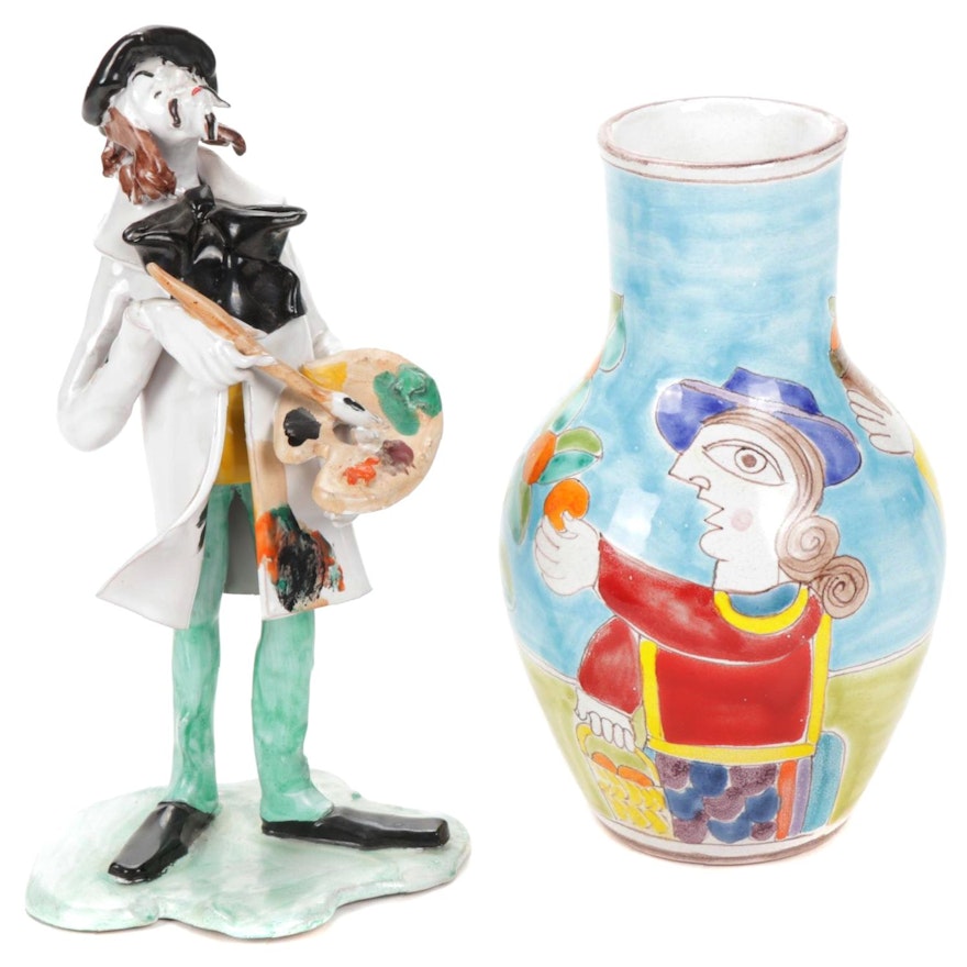 Handmade DeSimone Ceramic Vase and Clown Figurine