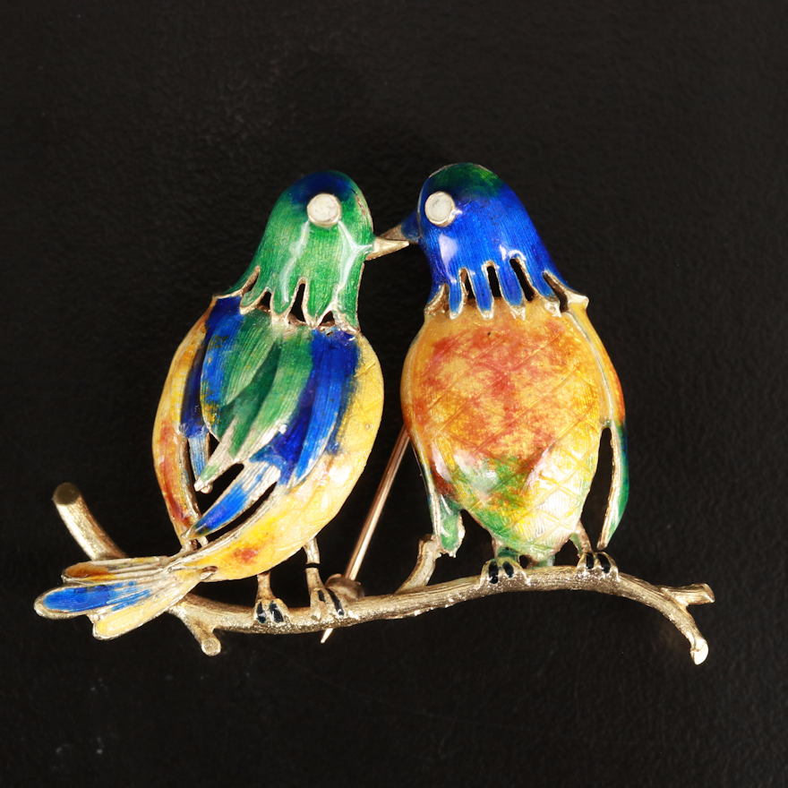 14K Enamel Birds on a Branch Brooch