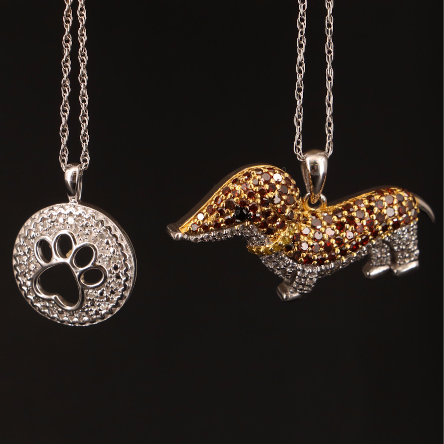 Sterling Necklaces Including Paw Print, Dog, Diamond and Cubic Zirconia