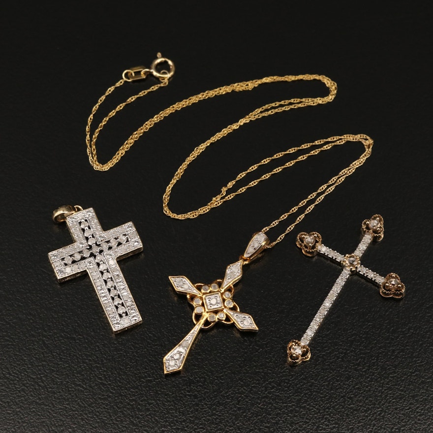 Cross Pendants Including Sterling, Diamond and Fancy Link Chain