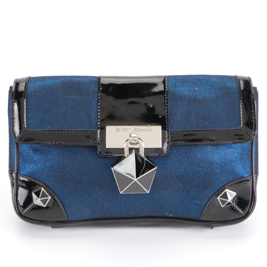 Betsey Johnson Flap Clutch in Blue Metallic Denim and Black Vinyl Trim