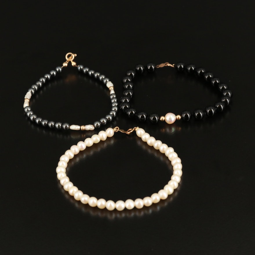 14K Bracelets Including Pearl, Black Onyx and Hematite
