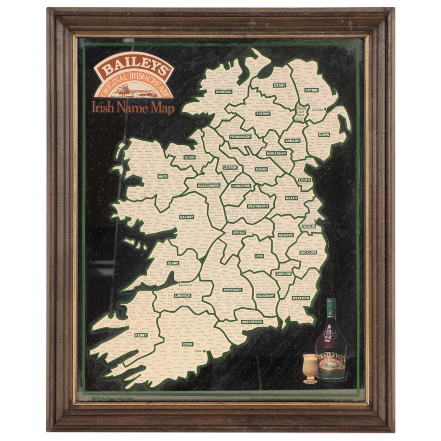 Bailey's Mirrored Glass "Irish Name Map" Sign, Late 20th Century