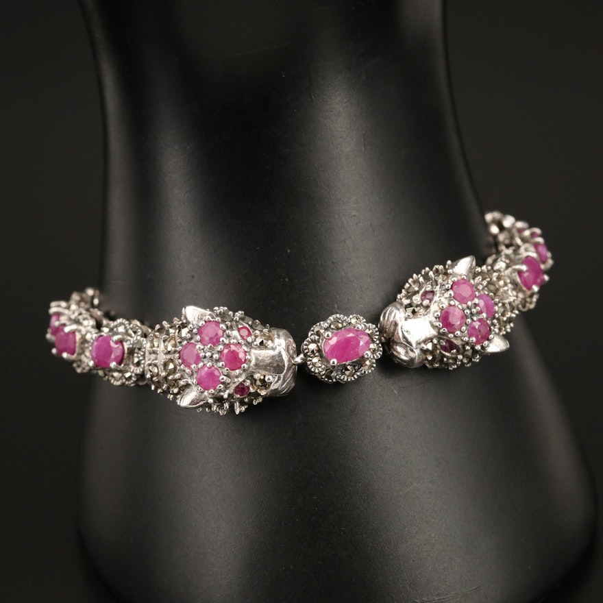 Sterling Ruby and Marcasite Double Leopard Head Bracelet