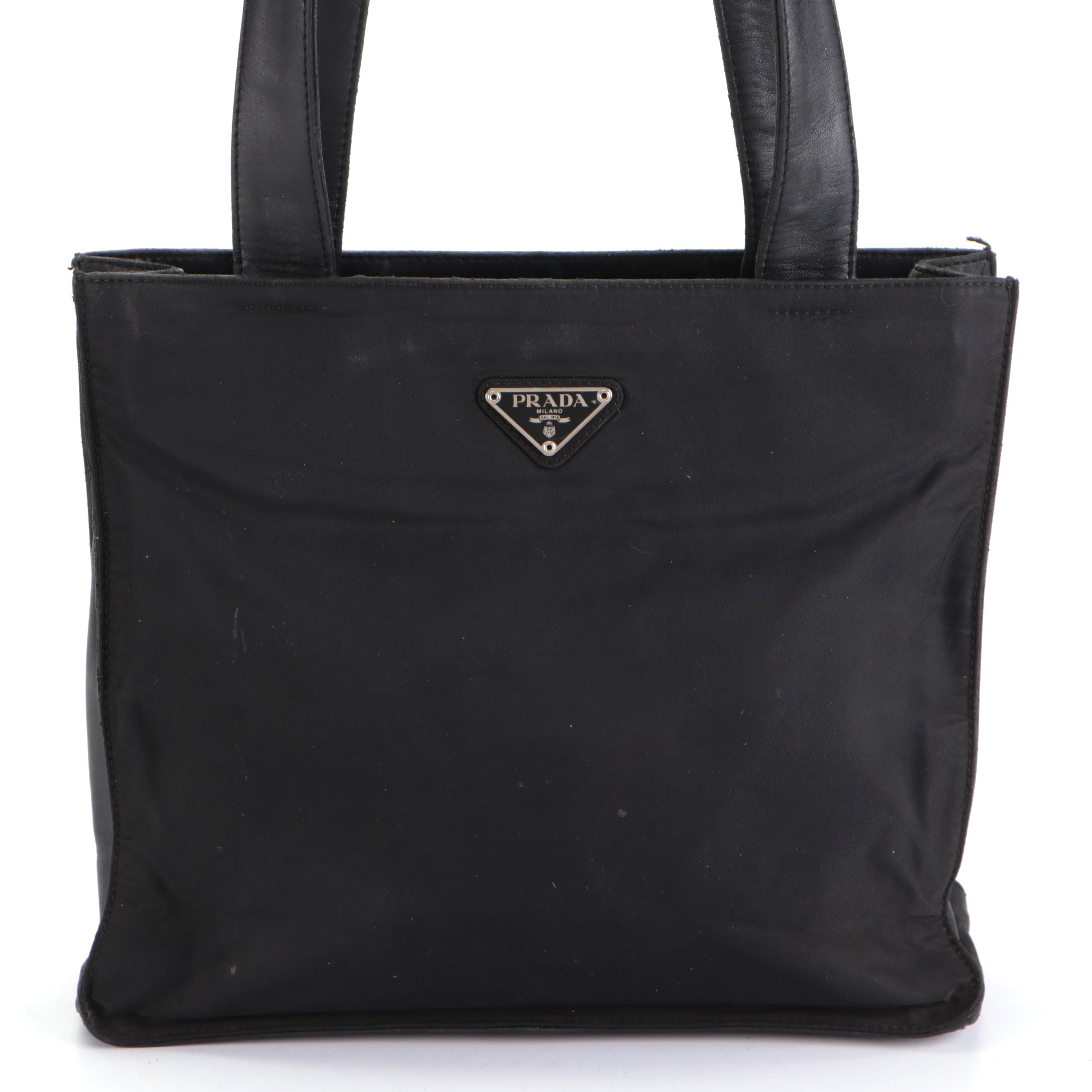 Prada Small Shoulder Bag in Black Tessuto Nylon and Lambskin Trim