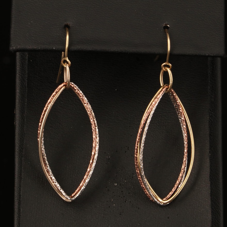 Italian Tri-Color 14K Navette Hoop Earrings