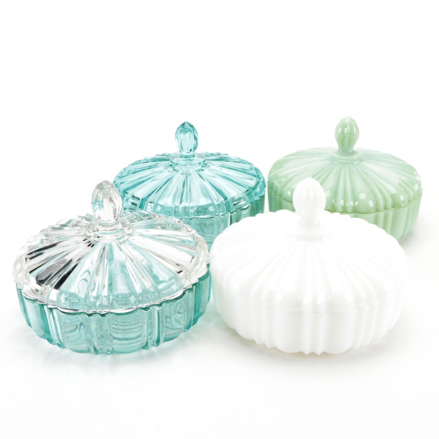 Anchor Hocking Milk Glass, Jadeite and Other "Old Cafe" Lidded Candy Dishes