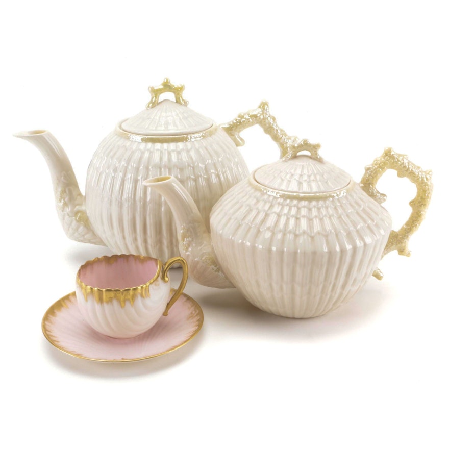 Belleek "Neptune" Yellow Luster Porcelain Teapots and Others