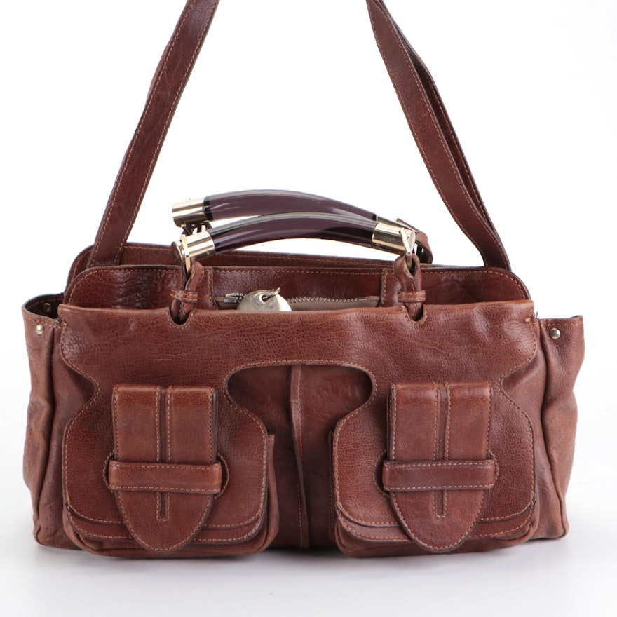 Chloé Saskia Shoulder Bag with Lucite Handles in Brown Grainy Leather