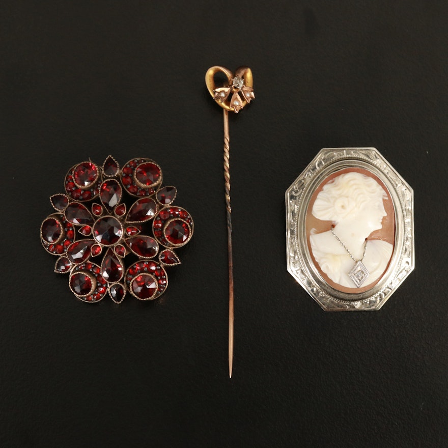 Vintage and Antique Brooches and Stick Pin Including 10K, Diamond and Garnet