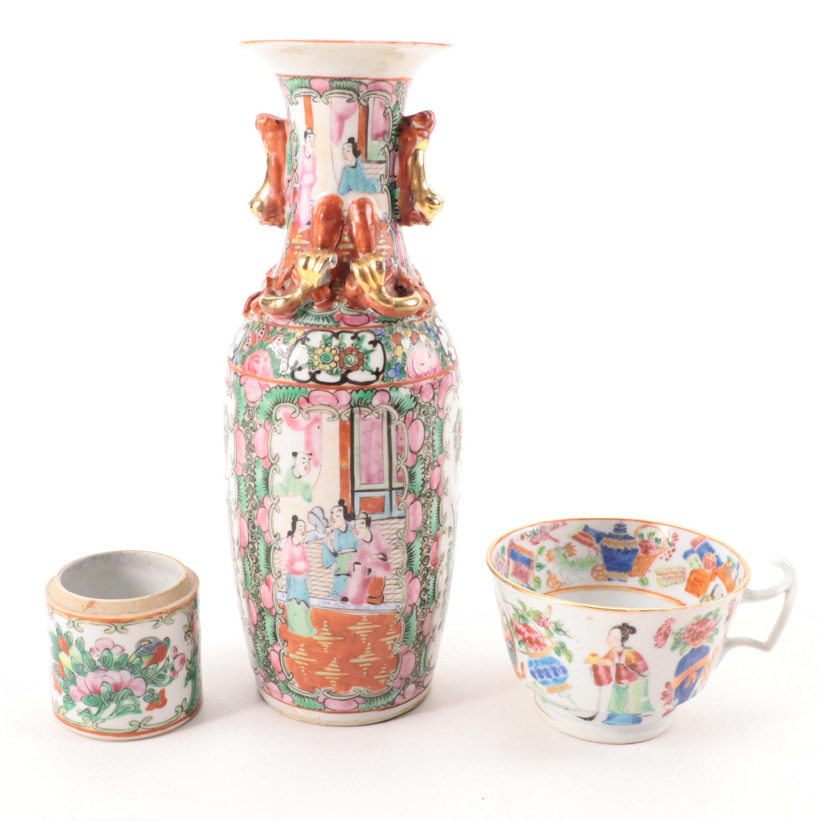 Chinese Export Rose Mandarin Armorial Plate and Other Famille Rose Porcelain