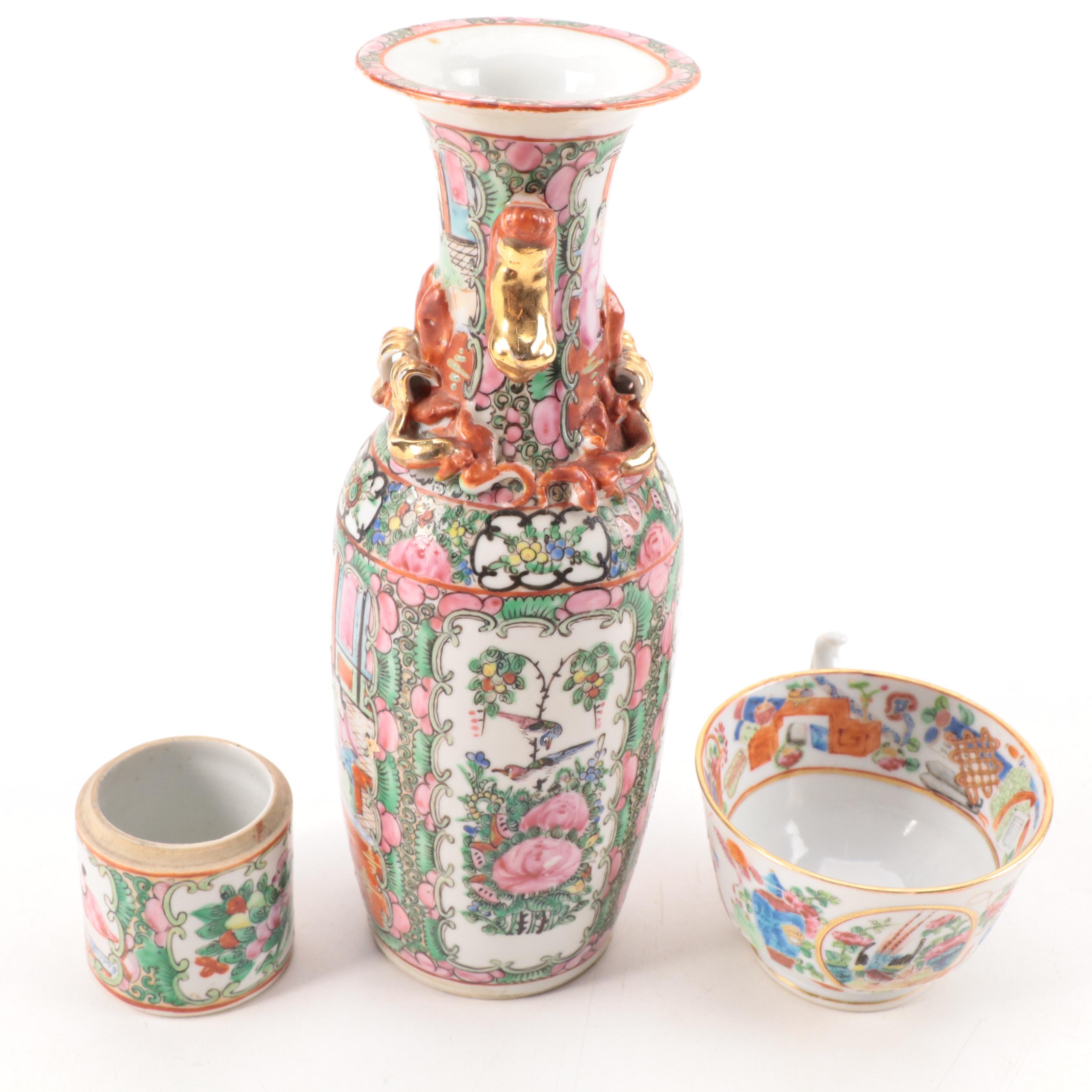 Chinese Export Rose Mandarin Armorial Plate and Other Famille Rose Porcelain