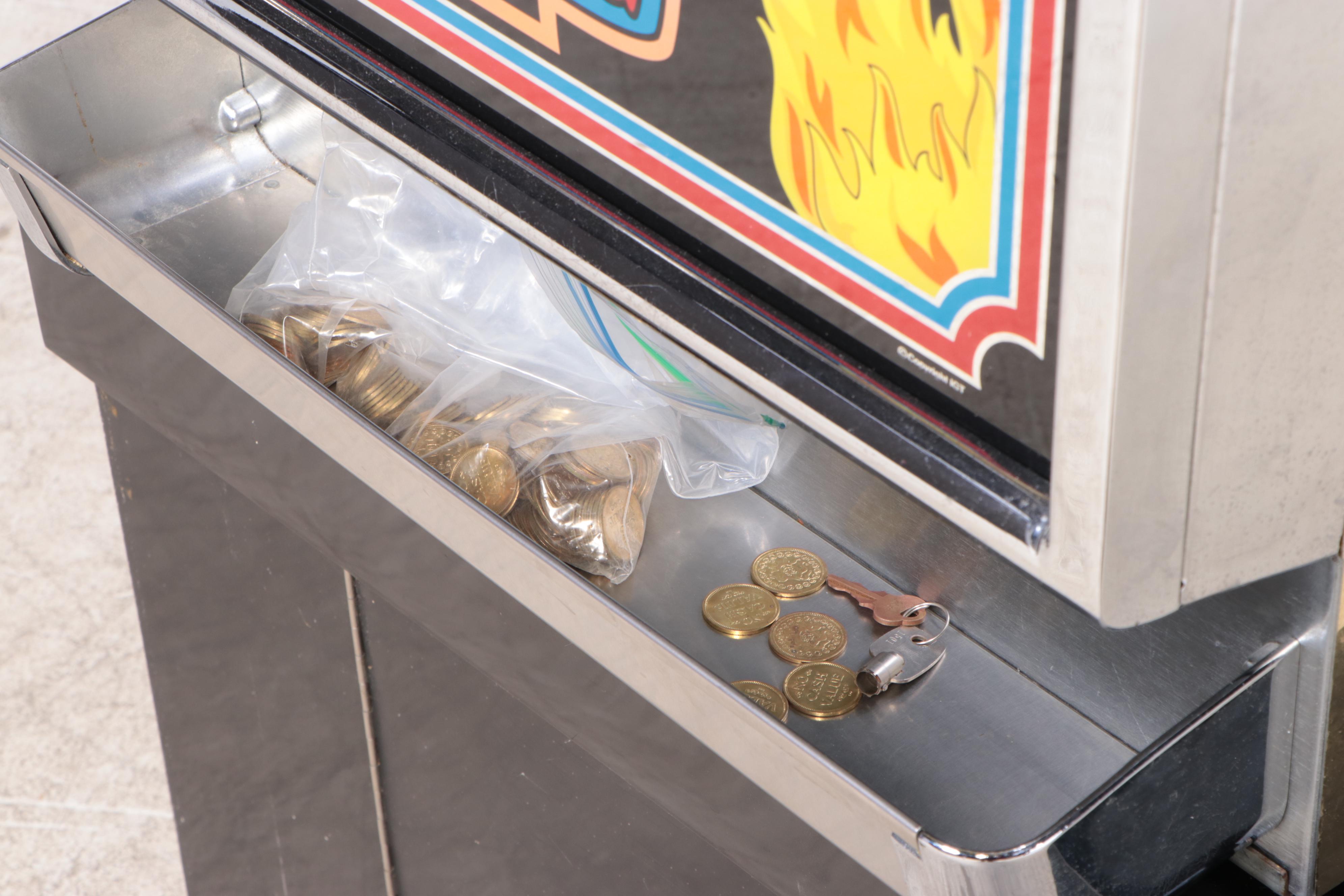 "Sizzling 7" Electric Token Operated Novelty Slot Machine with Base and Chair