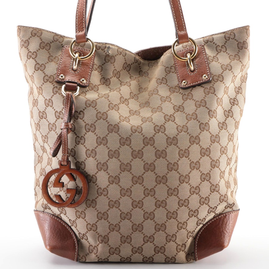 Gucci Charm Medium Tote in GG Canvas and Brown Leather