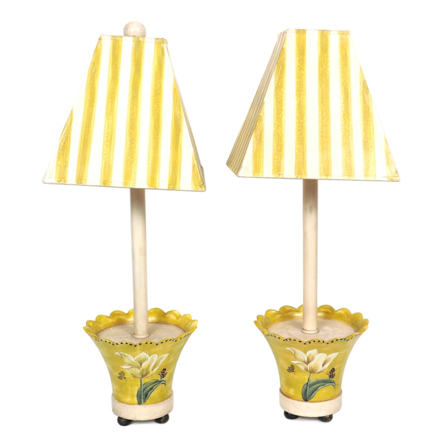 Pair Composite Flowerpot Lamps With Shades