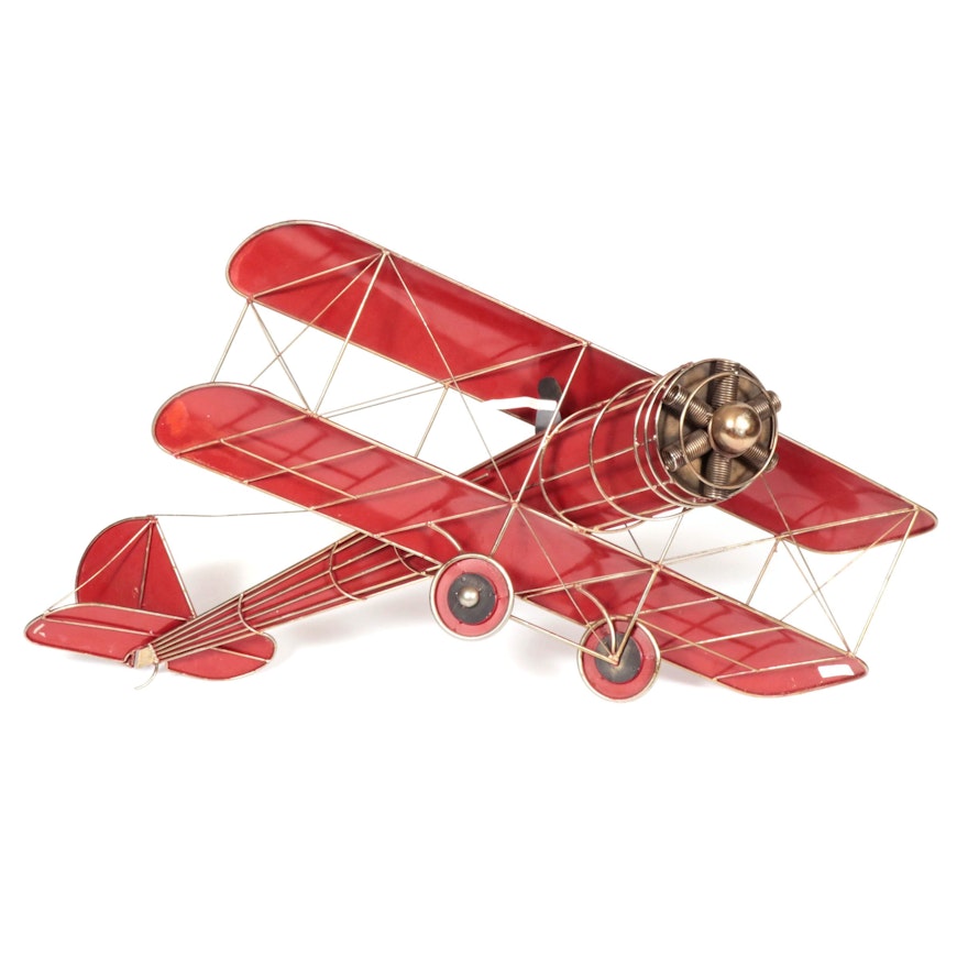 Oversized Metal Red Biplane Hanging Wall Decor