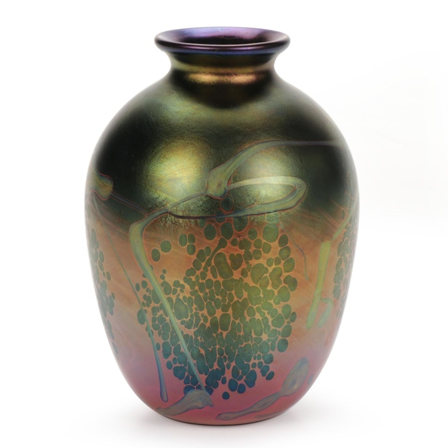 Donald Carlson Handblown Iridescent Art Glass Vase, 1975
