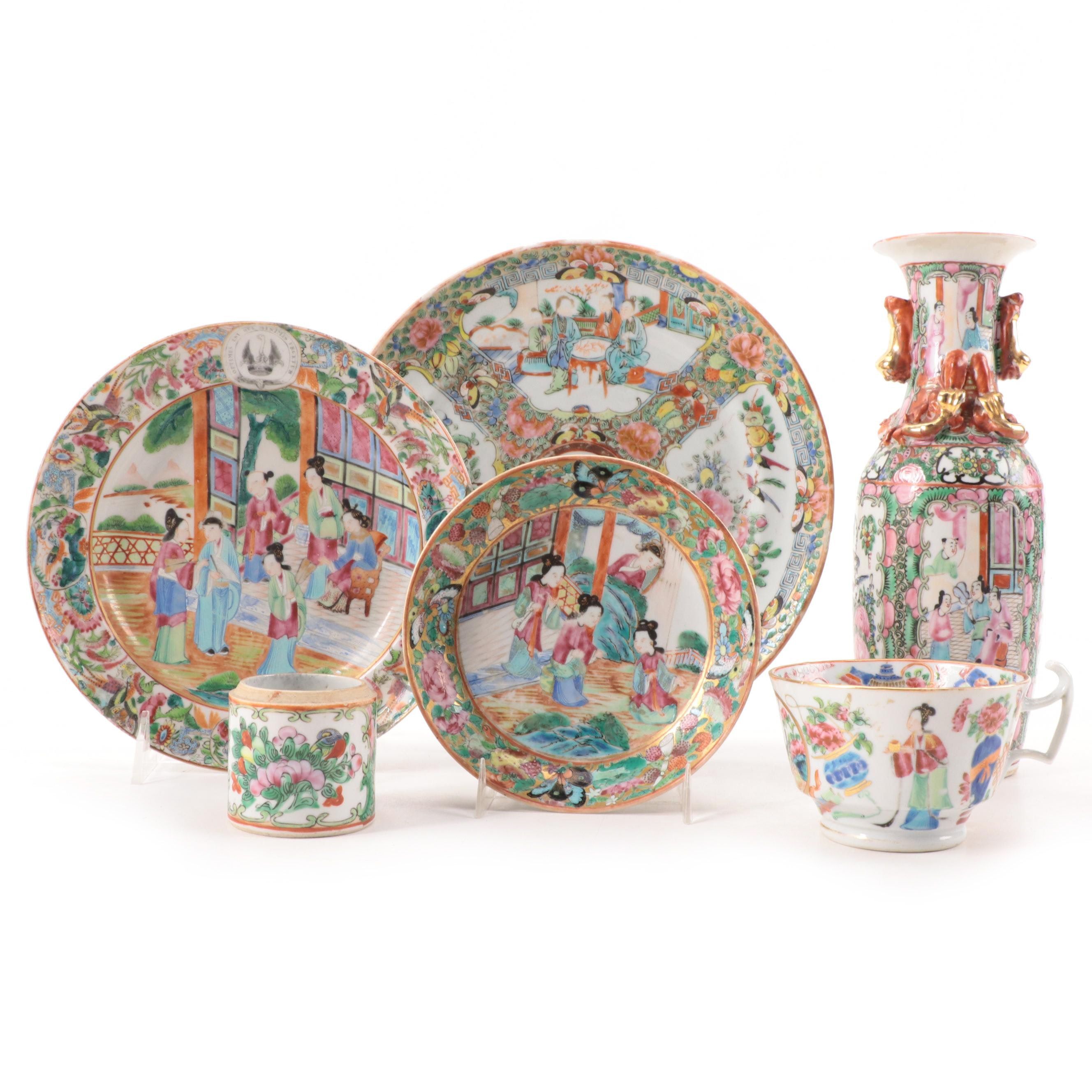 Chinese Export Rose Mandarin Armorial Plate and Other Famille Rose Porcelain